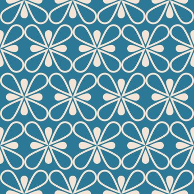 Mavi-beyaz geometrik çiçek deseni. Vektör geometrik çiçekli, dikdörtgen desensiz retro tarzı. Kumaş, tekstil, ev dekorasyonu unsurları, döşeme, ambalaj için çiçek geometrik desen kullanımı.