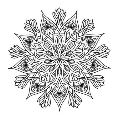 Mandala çiçekli motif ana hatları. Resim mandala çiçeği çizimi beyaz arka planda izole edilmiş. Renkli kitap ögeleri için mandala desen kullanımı, dekoratif elementler, kına, dövme, vs..