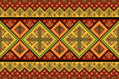 Etnik renkli geleneksel geometrik nakış deseni. Rengarenk renkli etnik geometrik pikselli kusursuz desen. Kumaş, tekstil ve ev dekorasyon elementleri için etnik dikiş deseni kullanımı.