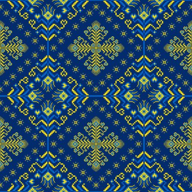 Renkli etnik çiçekli nakış deseni. Rengarenk etnik geometrik kare çiçekli, pürüzsüz desenli pikselli sanat tarzı. Tekstil, ev dekorasyon unsurları vs. için etnik çiçek deseni kullanımı.