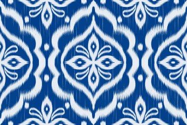 Etnik çiçek desenli kumaş. İllüstrasyon mavi suluboya etnik çiçeksiz desen. Tekstil, duvar kâğıdı, halı, yastık, yorgan, döşeme vb. için etnik desen kullanımı.