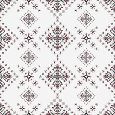 Geometrik çiçekli nakış deseni. Vektör etnik geometrik kare pikselli, dikdörtgen sanat deseni. Kumaş, tekstil, ev dekorasyon unsuru, döşeme vs. için etnik çiçek deseni kullanımı.