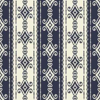 Etnik mavi-beyaz çizgili desen. Etnik geometrik çizgilerin kusursuz bir şekli var. Kumaş, tekstil, duvar kağıdı, yastık, halı, perde, örtü, döşeme, ambalaj, 