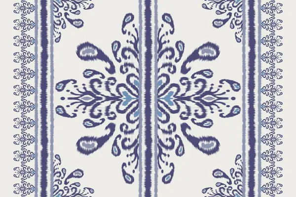 Ikat paisley floral stripes pattern. Illustration ikat blue watercolor paisley floral stripes seamless pattern. Ikat paisley floral pattern use for textile border, tablecloth, table runner, cushion.