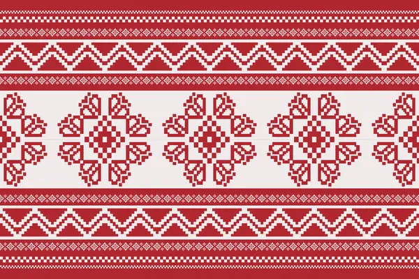 フォーク刺繍クロスステッチ花の境界パターン ベクトル民族赤ホワイト幾何学フローラルシームレスパターン 家の装飾要素 等のために民俗的な花の刺繍のパターン使用 — ストックベクタ