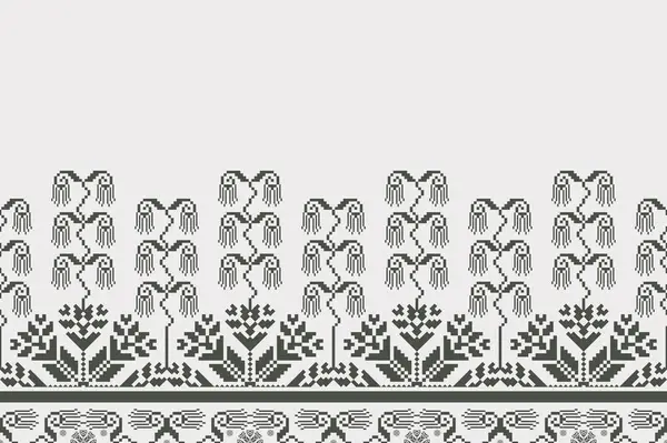 Monochrom Graues Ethnisches Blumenmuster Vektor Abstrakte Ethnische Blumenstickerei Geometrisches Monochromes — Stockvektor