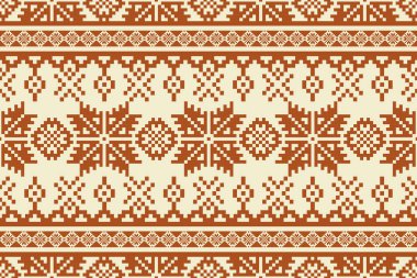 Etnik geometrik nakış desenli çiçek deseni. Taşıyıcı işlemeli folklorik geometrik çiçekli desensiz desen. Kumaş, tekstil, ev dekorasyonu unsurları ve döşeme için etnik çapraz dikiş deseni kullanımı.