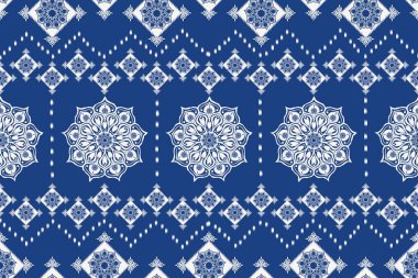 Blue color peranakan floral pattern. Illustration ikat mandala floral geometric shape seamless pattern. Ethnic geometric pattern use for fabric, textile, home decoration elements, upholstery, etc. clipart