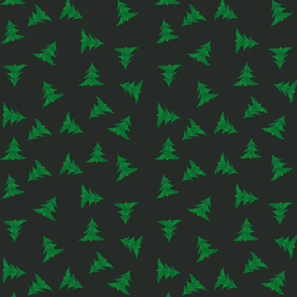 new year pattern with the image of a green Christmas tree drawn in a primitive style on a green background for fabric, printed materials, postcards and design.repeat pattern