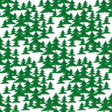 Ormanda yeni yıl ve Noel için ürün tasarımı, tekstil tasarımı ve ambalaj kağıdı, kartpostal tasarımı için beyaz arka planda bir sürü yeşil köknar var.