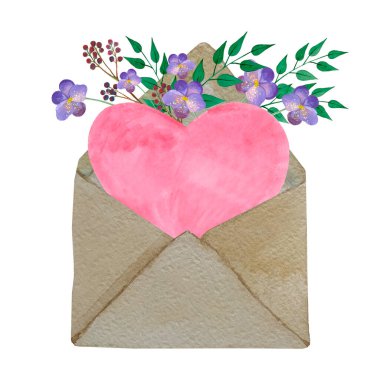 Kutlama kompozisyonu pembe bir kalp ve bir zarfın içinde mor çiçekler.