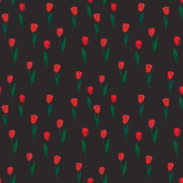 spring seamless pattern with red tulips on a black background.repeat pattern
