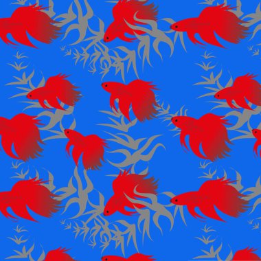 seamless pattern with decorative red fish and underwater plants on a blue background.repeat pattern