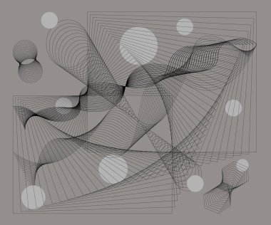 Abstract contemporary doodle composition. Line art set. Wavy lines, spirals, circles, funnel, cubes, polygons, lines.Vector