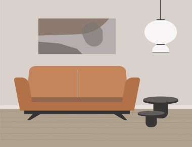 Modern living room interior. Illustration with a sofa, sofa tables and a lamp in discreet light colors.Vector