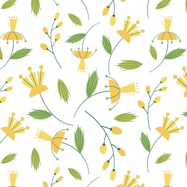 Cute seamless repeat pattern with yellow flowers on white background, fresh spring floral motif. Drawing of bright flowers in a pattern for textiles, wrapping paper and packaging design. Vector