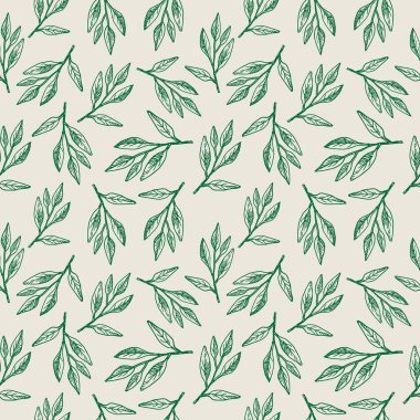  Cute seamless repeating pattern with a sage branch on a light background, floral motif. Hand drawn green leaves in a pattern for design, textile, wrapping paper and packaging design.Vector