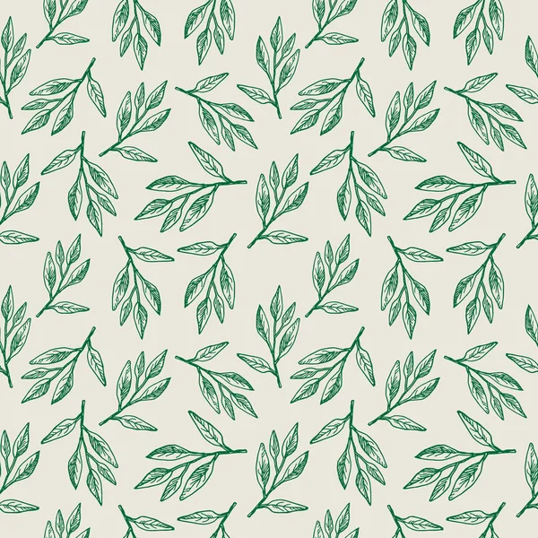  Cute seamless repeating pattern with a sage branch on a light background, floral motif. Hand drawn green leaves in a pattern for design, textile, wrapping paper and packaging design.Vector