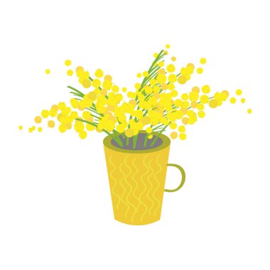Nice yellow mug with a bouquet of yellow mimosa flowers. Flat illustration on isolated background.Vector