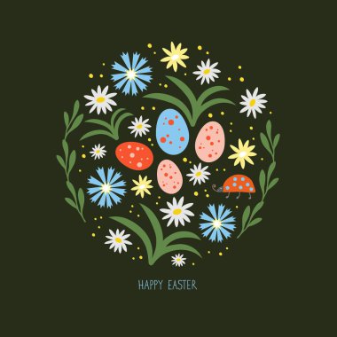 Happy Easter. Doodle illustration with forest flowers, leaves, ladybug, easter eggs and hand lettering. Spring ornament.Vector