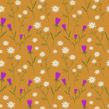 Cute seamless repeat pattern with daisies on orange background, fresh floral motif. Drawing of bright flowers in a pattern for textiles, wrapping paper and packaging design. Vector