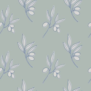 Seamless repeating pattern with olives on a gentle background, floral motif. Ornament with plant branches in a pattern for textiles, wrapping paper and packaging design.Vector