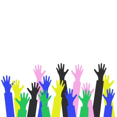 The group raised human arms and hands. Diversity multiethnic people. Racial equality. Men and women of different cultures and peoples. harmony of coexistence. Multicultural Community Integration. Vector