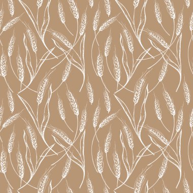 Cute seamless repeating pattern with ears of wheat on a beige background. Floral ornament with an ear of wheat. Drawn by hand. Delicate pattern, minimalist style, sketch.Vector