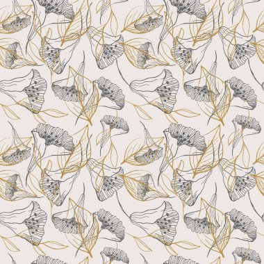 Cute seamless repeating pattern with branches and flowers on a light background, floral motif. Hand drawn leaves in a pattern for design, textile, wrapping paper and packaging design.Vector