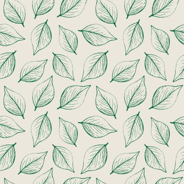 Cute seamless repeating pattern with leaves on a light background, floral motif. Hand drawn plants in a pattern for design, textile, wrapping paper and packaging design.Vector