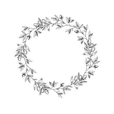 Wreath frame with cocoa branch. Floral background. A bunch of cocoa beans, Harvest cocoa fruits, symbol. The branches are drawn by hand. For label, logo, emblem, postcard. Design element. Vector