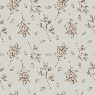 Seamless pattern with cocoa plant. Hand drawn illustration of cocoa beans, leaves, cocoa tree. Floral motif, repeating background. Ornament in brown and gray colors. Vector