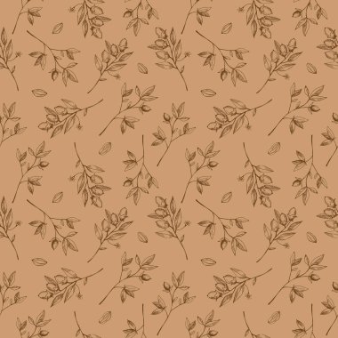 Seamless pattern with cocoa plant. Hand drawn illustration of cocoa beans, leaves, cocoa tree. Floral motif, repeating background. Ornament in brown and beige colors. Vector