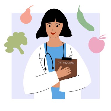 Diyetisyen ya da beslenme uzmanı. Sebzeli, meyveli ve yiyecekli bir doktor. İnternet hizmeti ya da beslenme uzmanları için platform. Online rota. Beslenme tavsiyeleri. Düz illüstrasyon. Vektör