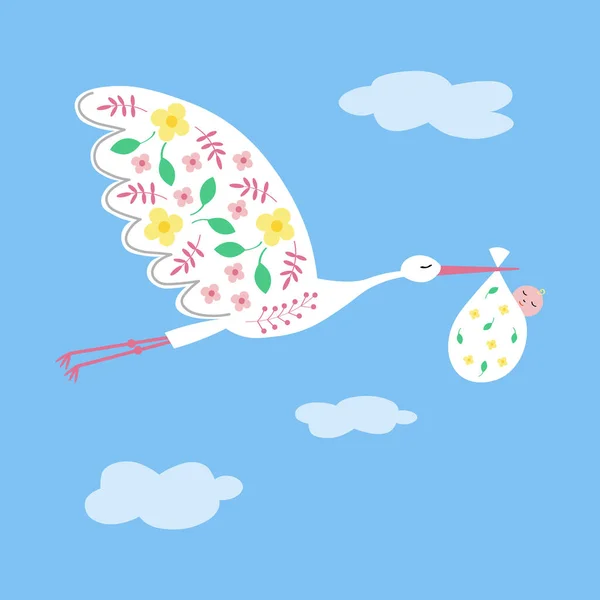Cute Cartoon Stork Baby Illustration Flying Bird Carrying Newborn Baby — Image vectorielle