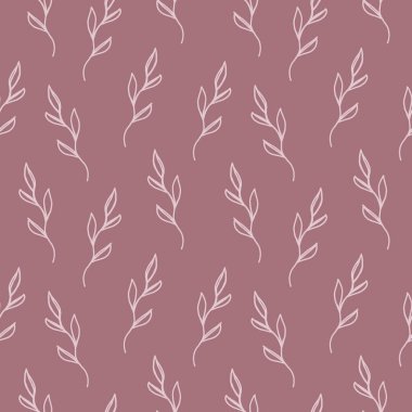  Burgonya arka planında dalları ve çiçek motifi olan hoş, pürüzsüz bir desen. Tasarım, tekstil, ambalaj kağıdı ve ambalaj tasarımı için el yapımı yapraklar. Vektör