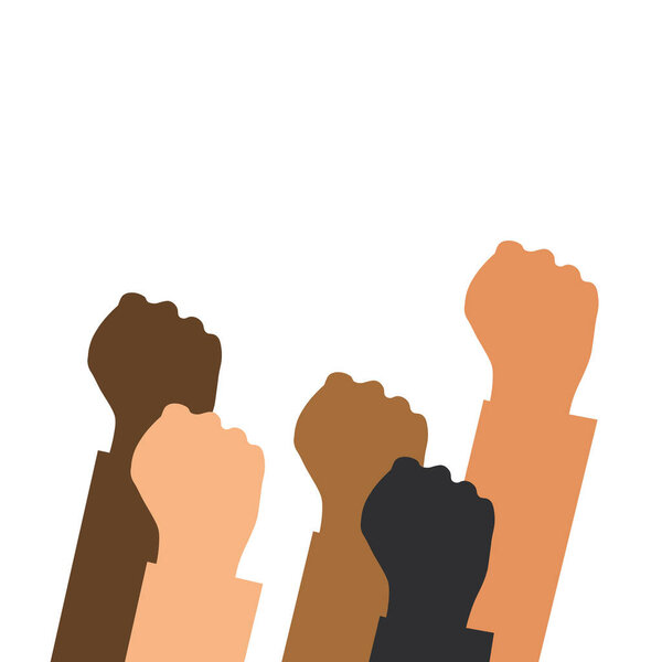 Raised hands. A group of people of different races raised their fists as a symbol of unity, protest, strength or victory, success. The concept of unity, revolution, struggle, cooperation. Vector