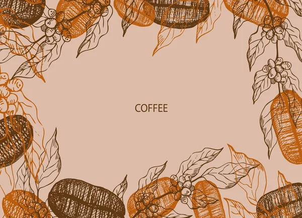 Kávébabbal Kávéfőzővel Illusztráció Egy Sor Kézzel Rajzolt Kávébab Vázlatos Stílusban — Stock Vector
