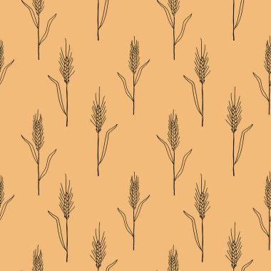 Bej arka planda buğday kulakları olan sevimli, pürüzsüz yineleyici desen. Bir avuç buğday, kurutulmuş tam tahıl. Tahıl hasadı, tarım, organik tarım, sağlıklı gıda sembolü. Elle çizilmiş.. 