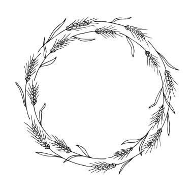 Wreath frame from ears of wheat.A bunch of ears of wheat,dried whole grains.Cereal harvest,agriculture,organic farming,healthy food symbol.Ears of wheat hand drawn.Design element. Isolated background