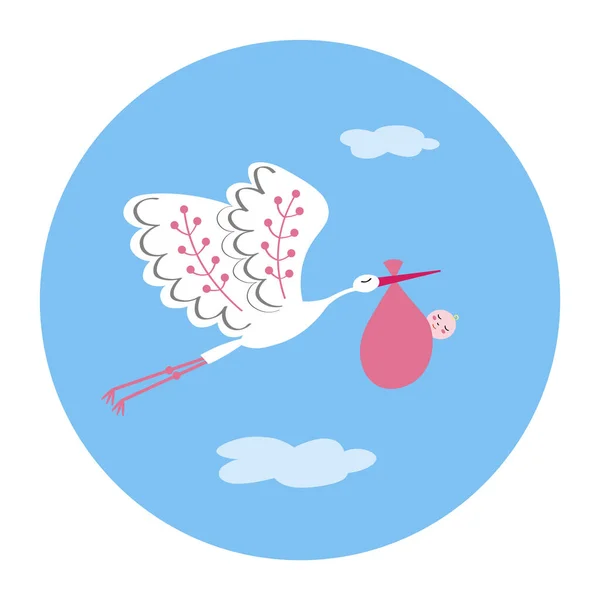 Söt Tecknad Stork Och Baby Illustration Flygande Fågel Med Ett — Stock vektor