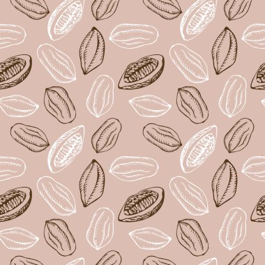 Bej arka planda kakao meyveleri ve kakao bitkisi olan kusursuz bir desen. Bir sürü kakao, arka plan tekrarı, süs. Elle çizilmiş. Vektör illüstrasyonu