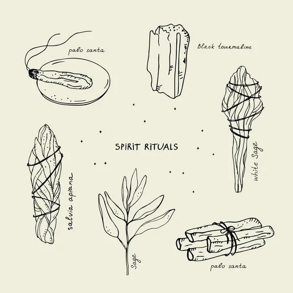 Ruhani ayinler. Adaçayı, Palo Santo kutsal bitkisi, turmalin, aromaterapi çubukları, dezenfekte bitkileri. Yaşam tarzı. El yazısıyla yazılmış nesnelerin olduğu mistik bir el çizimi. Vektör