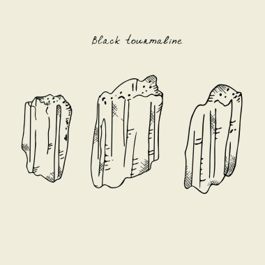 Macro stone black mineral tourmaline. Illustration of magical tourmaline stone hand drawn in sketch style. Vector clipart