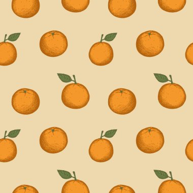 Mandalinalı desen. Mandalinalı ve narenciyeli kusursuz tekrarlayan desen. El klasik tarzda çizilmiş. Renkli arka plan, tekrarlı, meyve motifli. Tasarım elemanı. Vektör illüstrasyonu