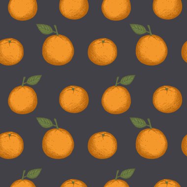 Mandalinalı desen. Mandalinalı ve narenciyeli kusursuz tekrarlayan desen. El klasik tarzda çizilmiş. Renkli arka plan, tekrarlı, meyve motifli. Tasarım elemanı. Vektör illüstrasyonu