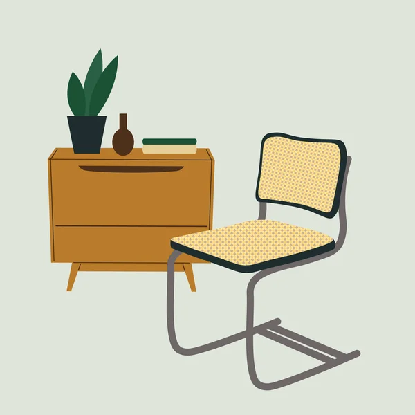 Interior Vintage Caixa Madeira Gavetas Cadeira Vime Houseplant Hand Desenhado — Vetor de Stock
