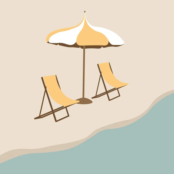 ビーチだ リゾートサンラウンジャー 傘や水で海岸線のイラスト 湖の人々なしの背景テンプレート 晴れた日と穏やかな水 漫画ベクトルイラスト — ストックベクタ