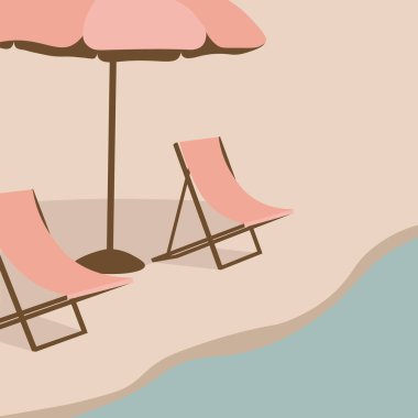 Kumsal. Resimlerde tatil köyü şezlongları, şemsiyeler ve suyla kaplı kıyı şeridi var. İçinde deniz, okyanus ve göl olan insanların olmadığı bir arka plan şablonu. Güneşli hava ve sakin su. Çizgi film vektör illüstrasyonu