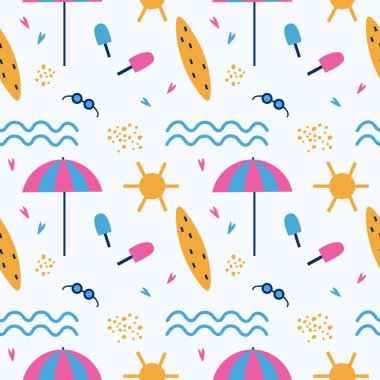 Kumsal. Güneş, güneş, deniz, dondurma, sörf tahtası ve kalplerle kusursuz bir tekrarlama şekli. Renkli yaz geçmişi. Kumsal partisi, deniz yolculuğu. Tekstil, ambalaj, afiş, baskı şablonu. Vektör 